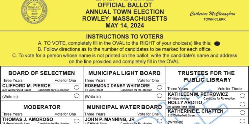 Town of Rowley local election ballot sample May 2024